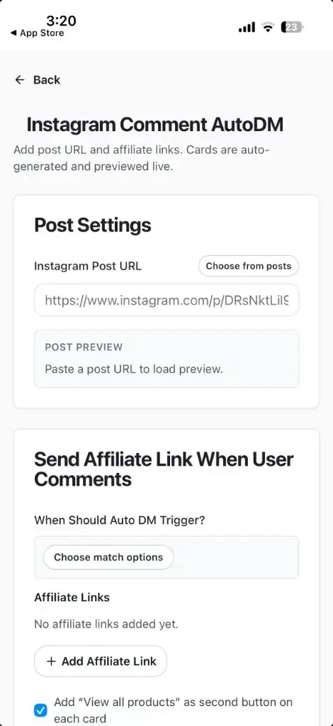 Instagram Comment AutoDM setup screen with Post Settings and Add Affiliate Link