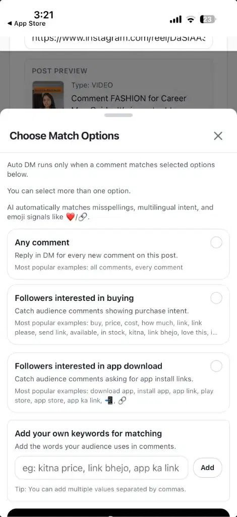 Choose Match Options modal with buying intent, app download, any comment, and custom keywords